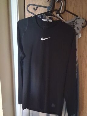 Nike Black Long Sleeve Compression Shirt with White Swoosh Size L